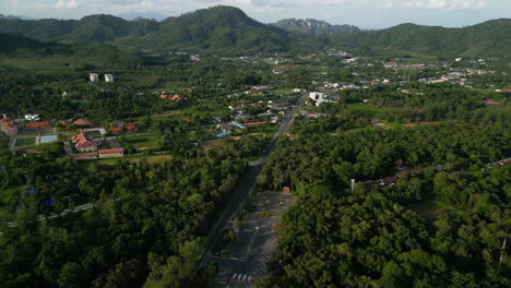 Small-town-Ao-Nang-in-Krabi-District,-Thailand,-aerial-view-on-central-road