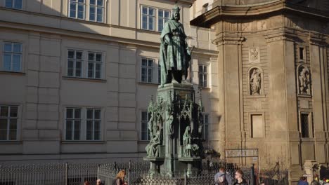 monument-of-Charles-IV,-Luxembourg-Emperor-of-the-Holy-Roman-Empire,-King-of-Germany-and-Czech,-located-at-Krzhizhovnitskaya-Square-near-Charles-Bridge-in-Prague,-Czech-Republic