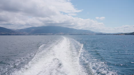 MONA-Hobart-Ferry-Across-Derwent-River,-Under-Bridge-And-Past-Cruise-Ship,-4K-Tasmania