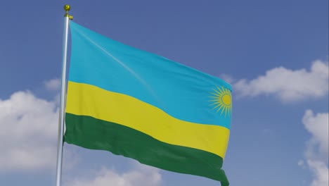 Bandera-De-Ruanda-Moviéndose-En-El-Viento-Con-Un-Cielo-Azul-Claro-En-El-Fondo,-Nubes-Moviéndose-Lentamente,-Asta-De-Bandera,-Cámara-Lenta