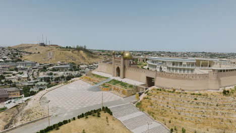 Old-Castle-In-Istaravshan,-Tajikistan-In-Summer---aerial-drone-shot