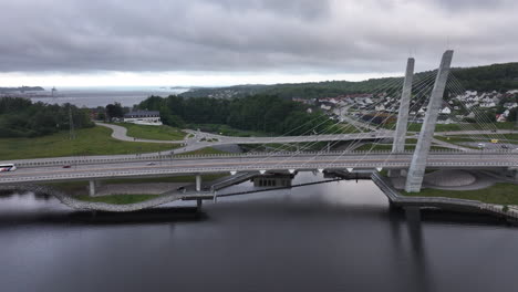 Farris-Bridge-In-Larvik-On-A-Cloudy-Day-In-Norway---aerial-shot