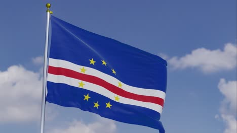 Flag-Of-Cape-Verde-Moving-In-The-Wind-With-A-Clear-Blue-Sky-In-The-Background,-Clouds-Slowly-Moving,-Flagpole,-Slow-Motion