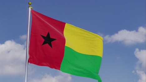 Flag-Of-Guinea-Bissau-Moving-In-The-Wind-With-A-Clear-Blue-Sky-In-The-Background,-Clouds-Slowly-Moving,-Flagpole,-Slow-Motion