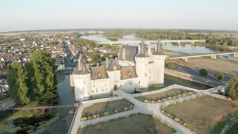 Aerial-drone-point-of-view-of-the-Chateau-de-Sully-sur-Loire-in-France