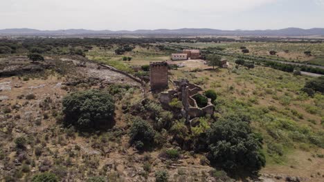 Aerial-view-circling-the-castle-of-Mayoralgo-or-Garabato-in-Aldea-del-Cano-province-of-Cáceres