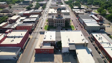 Aerial-footage-of-the-Cooke-County-Courthouse-in-Gainesville-Texas-located-at-101-S-Dixon-St,-Gainesville,-TX-76240