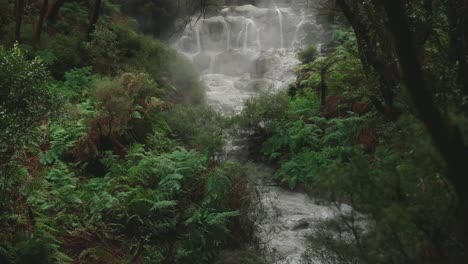 Hermosa-Agua-Humeante-Sobre-Rocas-En-Un-Entorno-Forestal-De-Nueva-Zelanda