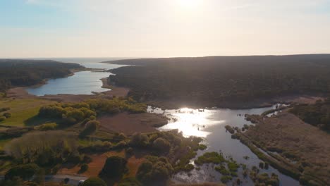 Aerial-Shot-Of-Wonderful-Albufeira-Lagoon-Under-Sunlight,-Portugal