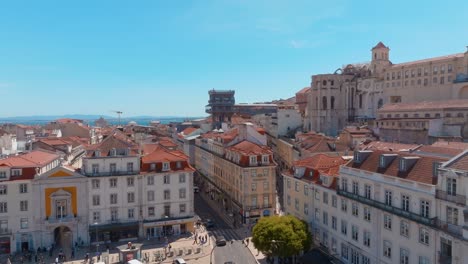 Aerial-View-Of-Marvelous-Santa-Justa-Lift,-Rossio-Square,-Lisbon,-Portugal