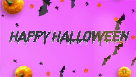 Fröhliches-Halloween-Wort-Mit-Kürbis-Und-Fledermaus-Loop-Motion-Graphics-Video,-Transparenter-Hintergrund-Mit-Alphakanal