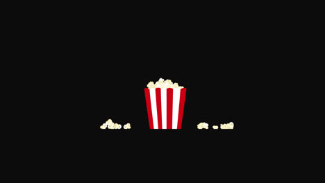 Knallendes-Popcorn,-Das-Aus-Einem-Rot-weiß-Gestreiften-Eimer-Mit-Bewegungsgrafik-Fliegt-Und-Fällt.-4K-Filmmaterial-Mit-Alphakanal-Pro,-Auflösung-4444