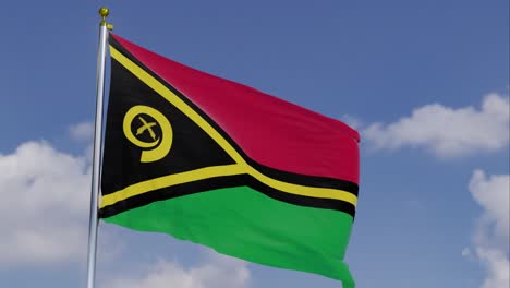 Bandera-De-Vanuatu-Moviéndose-En-El-Viento-Con-Un-Cielo-Azul-Claro-En-El-Fondo,-Nubes-Moviéndose-Lentamente,-Asta-De-Bandera,-Cámara-Lenta