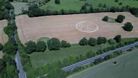 Wide-establishing-aerial-view-above-Warminster-2023-crop-circle-on-rural-British-countryside-farmland
