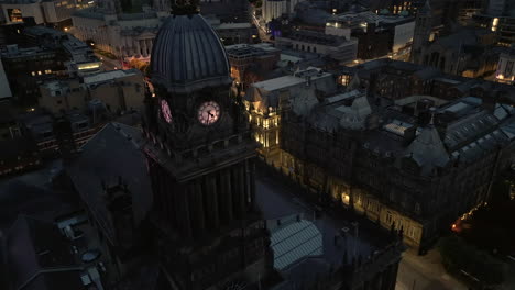 Pullback-Drone-Shot-from-Leeds-Town-Hall-at-Night-in-Low-Light-in-Leeds-City-Centre