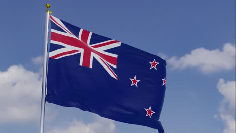 Bandera-De-Nueva-Zelanda-Moviéndose-En-El-Viento-Con-Un-Cielo-Azul-Claro-En-El-Fondo,-Nubes-Moviéndose-Lentamente,-Asta-De-Bandera,-Cámara-Lenta