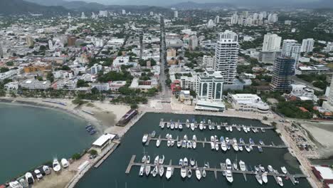 Aerial-Panoramic-Above-Santa-Marta-City-Colombia-Rodadero-Beach-Boats-Skyline-of-Travel-Destination,-Establishing-Shot