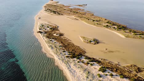 Wilderness-of-Sardinia,-4k-aerial-drone-view-of-sandbank-beach,-golden-hour