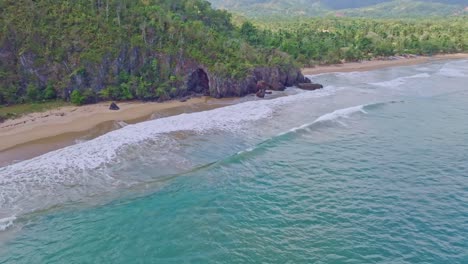 Drone-view-of-El-Valle-beach-scenery-and-coastline-in-Samana,-Dominican-Republic