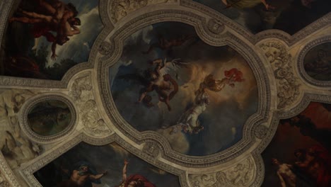 Breathtaking-Artwork-Painting-on-Ceiling-of-Louvre-Museum,-Looking-Up-Spinning-Shot
