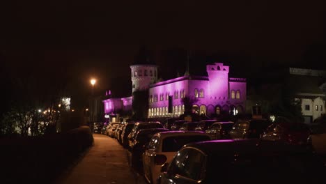 Walking-towards-a-colorfully-lit-chateau-on-an-eerily-dark-night