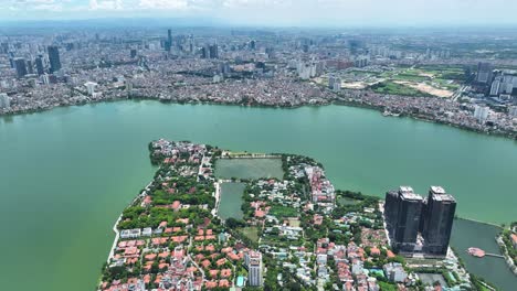 Cinematic-aerial-shot-of-the-Tay-Ho-Lake-in-Hanoi,-Vietnam,-Asia,-Drone-Mavic-3-Classic,-4K
