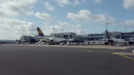 Lufthansa-planes-parked-at-the-B-terminal-of-Frankfurt-Airport,-Germany---July-2023