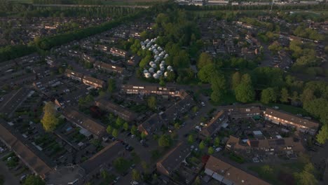 The-famous-Bolwoningen-at-'s-Hertogenbosch-during-sunset,-aerial