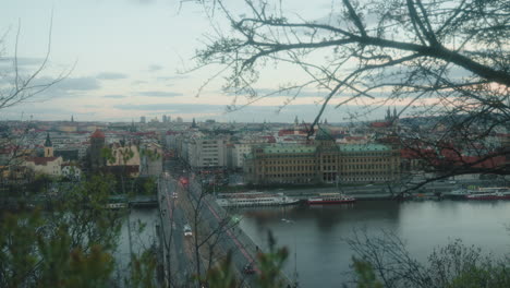 Twilight-view-of-Franz-Joseph-Bridge-in-Prague,-from-Letna-Park-panorama