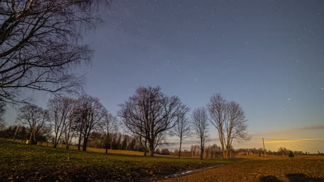 Night-To-Dawn-Timelapse---Leafless-Trees-Under-The-Starry-Night