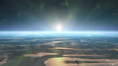 Weitwinkelaufnahme-Der-Horizontatmosphäre-Des-Planeten-Erde-Aus-Dem-Weltraum-Mit-Polarlichtern