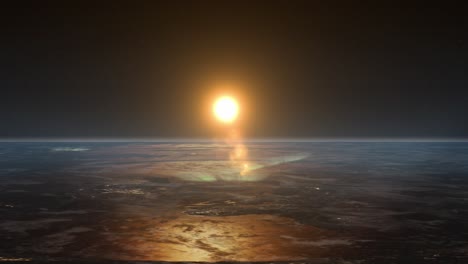 Planet-Erde-Horizont,-Während-Die-Sonne-Helle-Strahlen-Auf-Die-Bewölkte-Wasseroberfläche-Scheint,-Umgekehrter-Dolly
