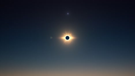 Super-wide-angle-view-of-total-solar-eclipse-moment-and-star-beam-flare-of-light-on-moon