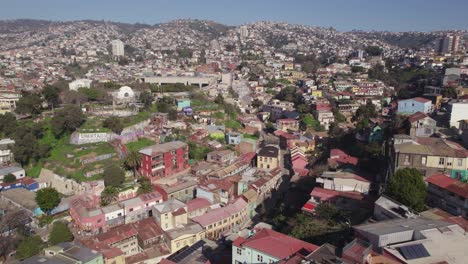 Aerial-View-Of-Ascensor-Reina-Victoria-Hillside-Funicular-Station-With-Valparaiso-Cityscape-In-background