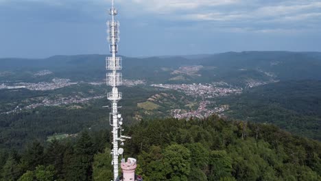 Cinematic-4K-clip-over-the-Merkur-mountain-and-the-Merkurturm-radio-tower-in-the-Black-Forest-by-Baden-Baden,-Germany