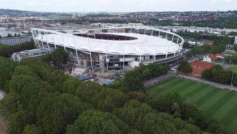 4K-cinematic-clip-over-the-MHPArena-soccer-stadium-in-Stuttgart,-home-of-VfB-Stuttgart