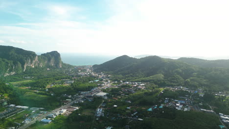 Exotic-landscape-of-Ao-Nang-town-and-tropical-coast,-Krabi-Thailand,-aerial-view
