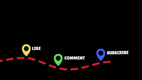 Fun-and-colorful-"Like-Comment-Subscribe"-animation-of-pin-locations-and-red-dotted-line-path-with-a-clear-background