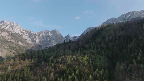 Drone-Shot,-Landscape-of-Austrian-Alps,-Peaks-and-Conifer-Forest-on-Sunny-Day-in-Upper-Austria