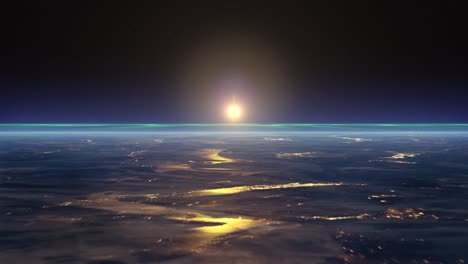 Blick-Auf-Den-Horizont-Des-Planeten-Erde-Aus-Dem-Weltraum-Mit-Aufgehender-Sonne