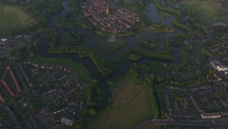 Aerial-View-on-Fortified-City-of-Naarden-Netherlands-during-sunset
