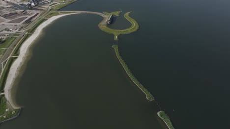 Dutch-tulip-island-near-Zeewolde-during-day-time,-aerial