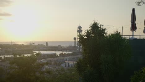 Hochauflösende-Ansicht-Durch-Malerische-Bäume-In-Der-Nähe-Von-Café-Ledge,-Die-Skyline-Der-Stadt-Barcelona,-Spanien,-Mit-Goldenem-Sonnenaufgang-In-6K,-Während-Vögel-Fliegen
