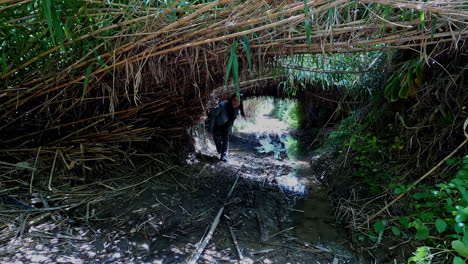 A-woman-walks-under-fallen-bamboo-plants-in-the-daytime-while-water-flows-from-the-side