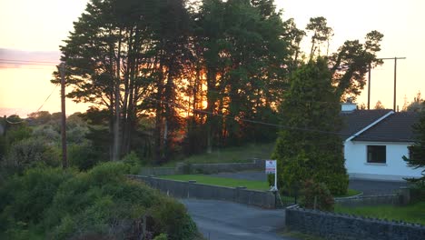 Statische-Aufnahme-Eines-Wunderschönen-Sonnenuntergangs-Hinter-Einigen-Hohen-Bäumen-Im-Dorf-Clarinbridge,-Irland