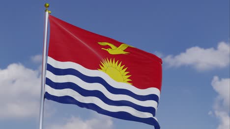 Bandera-De-Kiribati-Moviéndose-En-El-Viento-Con-Un-Cielo-Azul-Claro-En-El-Fondo,-Nubes-Moviéndose-Lentamente,-Asta-De-Bandera,-Cámara-Lenta