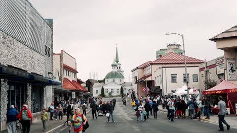Downtown-Sitka,-Alaska-with-a-view-of-the-Russian-Orthodox-Church---slow-motion
