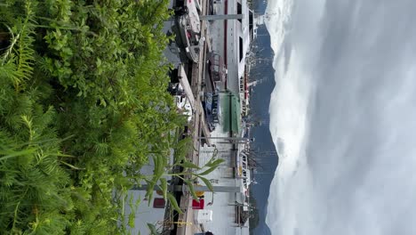 Panning-view-of-the-Sitka,-Alaska-port-and-harbor-in-vertical-orientation