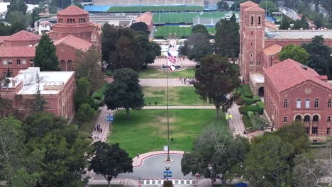 UCLA-campus-building-including-Royce-Hall,-Dickson-Court,-and-Instructional-Media-buildings---rising-aerial-reveal