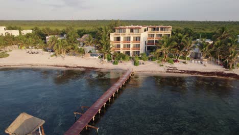 Aerial-view-of-the-Alea-Hotel-and-beach-with-pier-in-Tulum-with-beautiful-green-forest-background